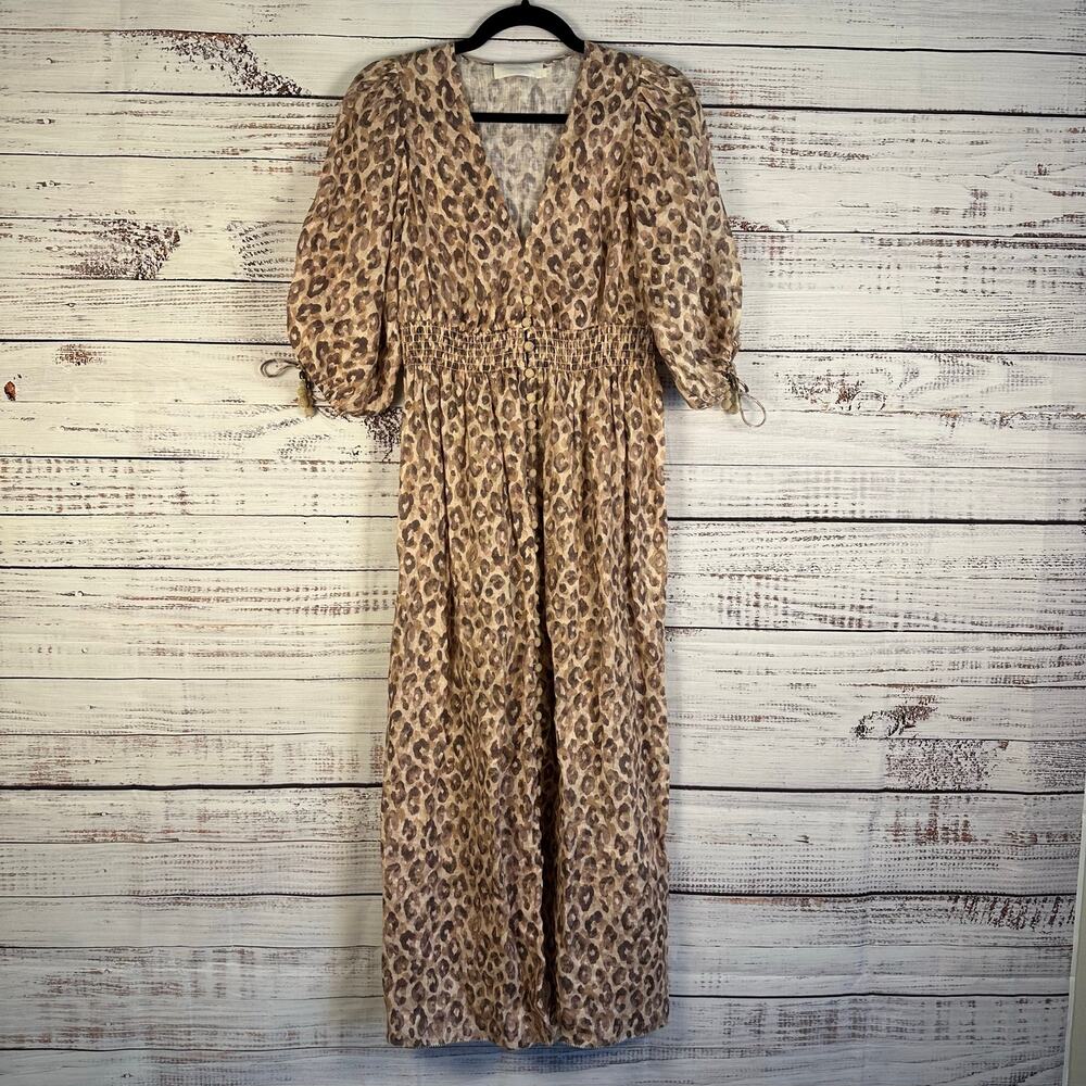 Zimmermann Tan Leopard Animal Print Maxi Dress Button Linen Resort Womens 1 US 6